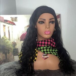 Glossy Black Voluminous Wavy headband wig 100% human hair
